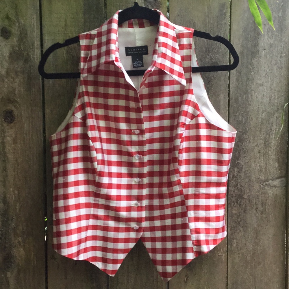 SILK red/white gingham fitted top the limited M